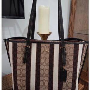 Coach Signature Brown and Cream Striped Tote